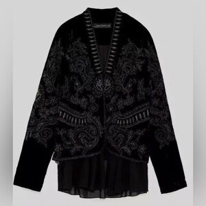 ZARA Embellished Frill Floral Embroidered Beaded Velvet Jacket